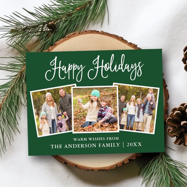 Moderne Fun Kalligrafie Green 3 Foto Holiday Postkarte (Customize to change your personalized text size or text style.)