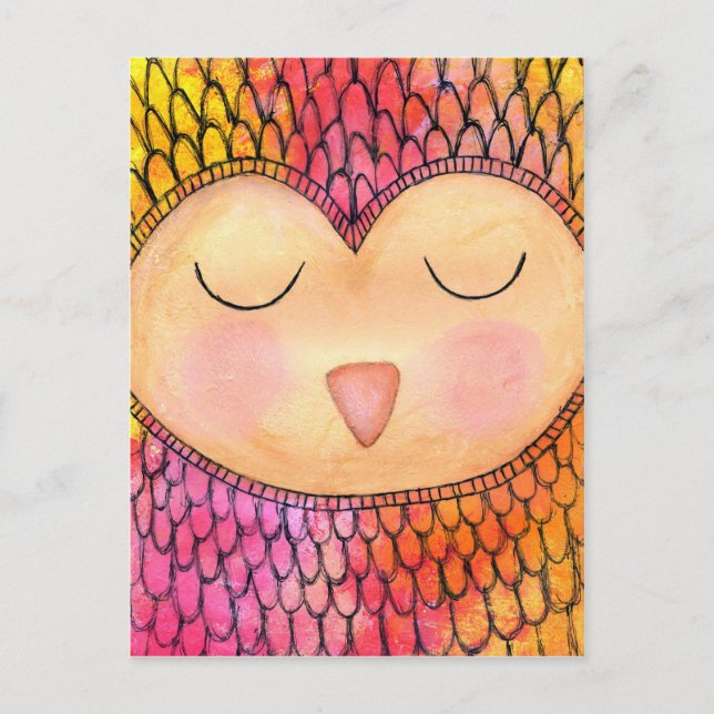 Moderne Funky Sleepy Owl Mixed Media Painting Postkarte (Vorderseite)