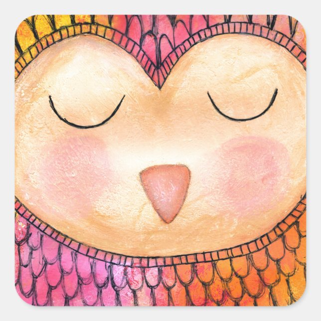 Moderne Funky Sleepy Owl Mixed Media Painting Quadratischer Aufkleber (Vorderseite)