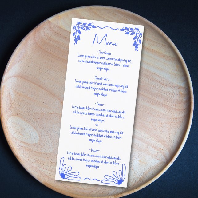 Moderne Funky Whimsical Blue Hand Draw Bow Menükarte (Von Creator hochgeladen)