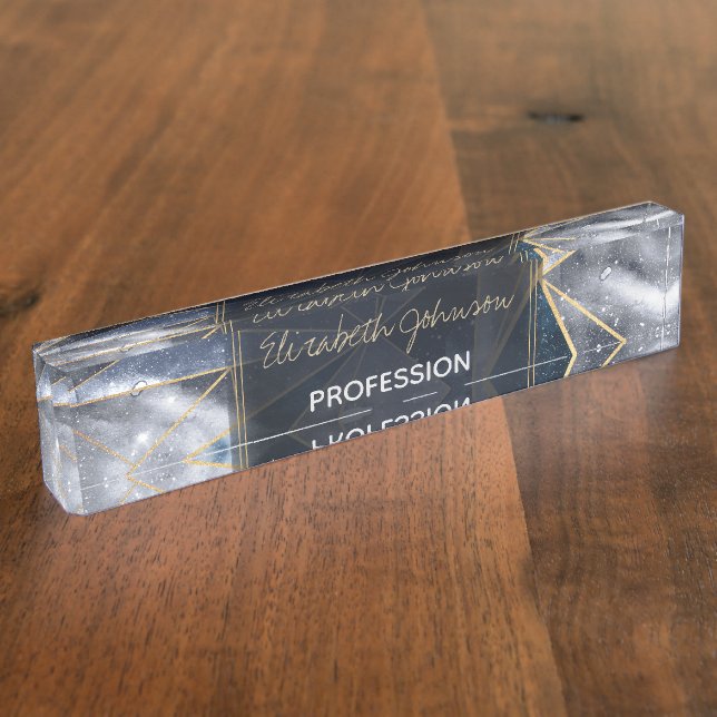 Moderne Galaxie Nebel Geometrische Goldreecke Namensplakette (Seite)