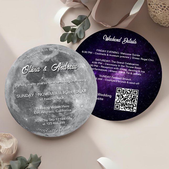 Moderne Galaxie QR Code Vollmond Hochzeit Einladung (Von Creator hochgeladen)