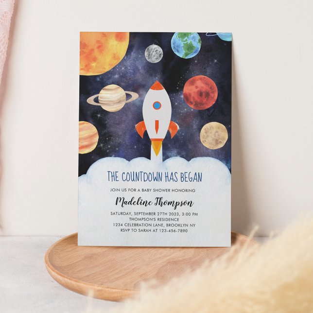 Moderne Galaxy Planets Space Rocket Baby Dusche Einladung (Von Creator hochgeladen)