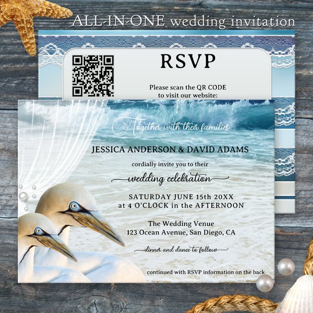 Moderne Gannets All-in-One-Hochzeit am Strand Einladung (Beach or destination wedding invitation featuring two gannets - unique romantic invite)