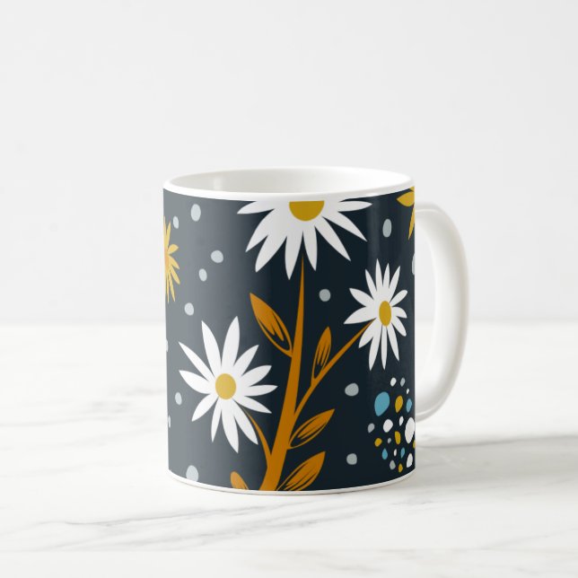 Moderne Gänseblümchen-Muster auf Dunkelblau Kaffeetasse (VorderseiteRechts)