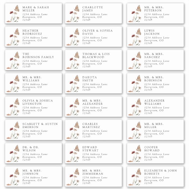 Moderne Gästebelabels Aufkleber (Modern White Floral Guest Address Labels with Butterfly by Painted Paperie
)