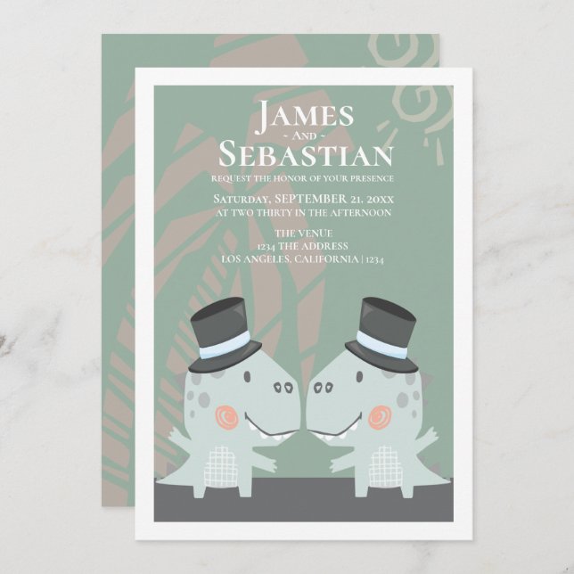 Moderne Gay Dinosaur-Hochzeit Einladung (Vorne/Hinten)