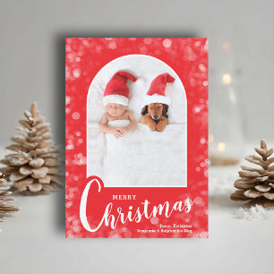 Moderne gebogene Weihnachtsfoto auf Rot Feiertagskarte