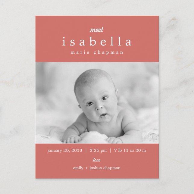 MODERNE Geburtsankündigung Ankündigungspostkarte (Vorderseite)