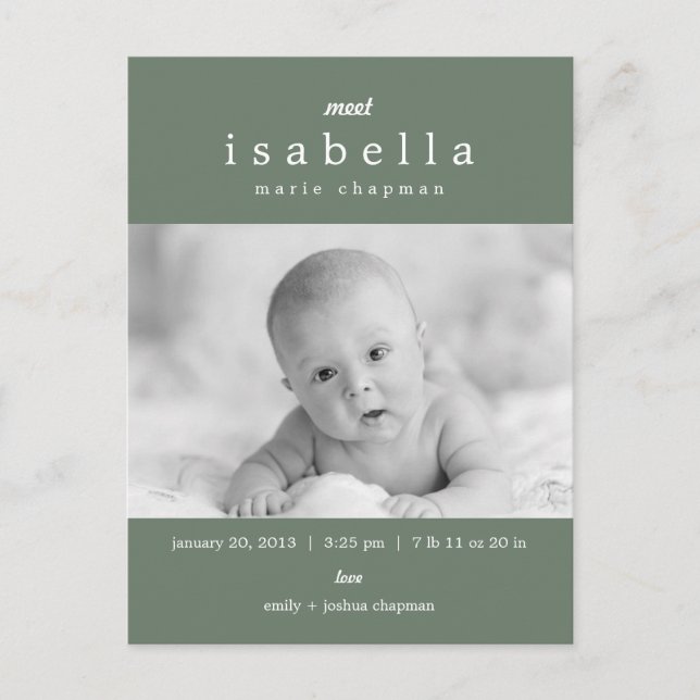 MODERNE Geburtsankündigung Ankündigungspostkarte (Vorderseite)