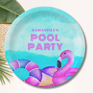 Moderne Geburtstagspoolparty Rosa Flamingo Pappteller