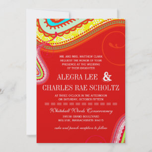 Moderne Gelb Orange Aqua Mint Rot Paisley Hochzeit Einladung