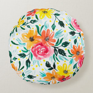 Moderne, gelb rosa Blume Aquarellgestaltung Rundes Kissen