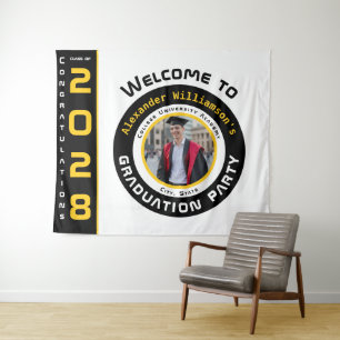 Moderne Gelb Schwarz Weiße Abschlussfoto-Party Wandteppich