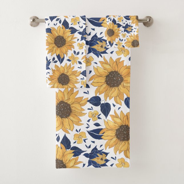 Moderne Gelb- und Navy-Sonnenblumen Badhandtuch Set (Insitu)