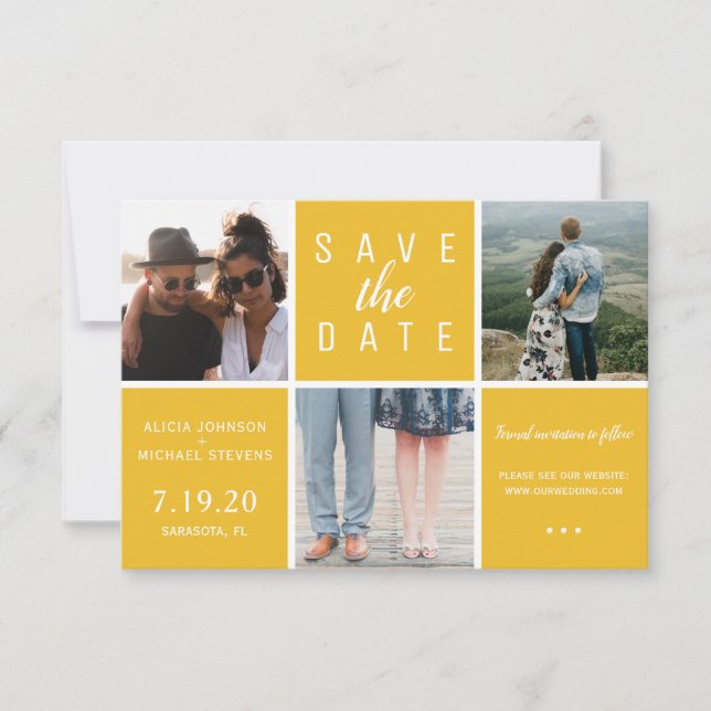 Moderne, gelbe 3-Foto-Collage Save The Date (Vorderseite)