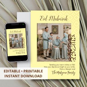 Moderne gelbe arabische Familienfoto-Muster Eid Feiertagskarte