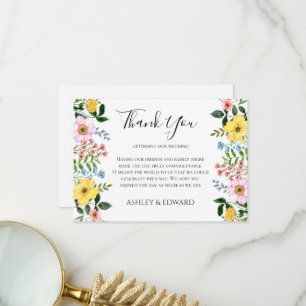 Moderne gelbe blaue rosa Frühlingsblumen-Hochzeit Dankeskarte