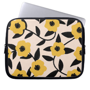 Moderne Gelbe Blumen Schwarzes Blätter Muster Laptopschutzhülle