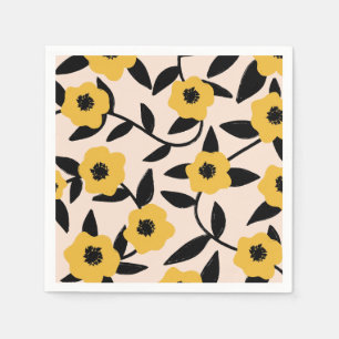 Moderne Gelbe Blumen Schwarzes Blätter Muster Serviette