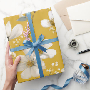 Moderne gelbe Blumen Weiße Florale Musterung Geschenkpapier