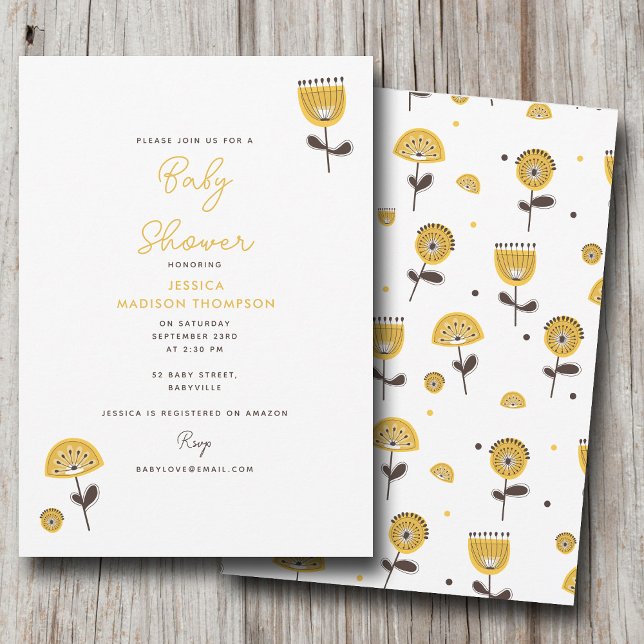 Moderne gelbe Blütendusche aus dem Mittelalter Einladung (Mid Century Modern Yellow Floral Baby Shower Invitation)