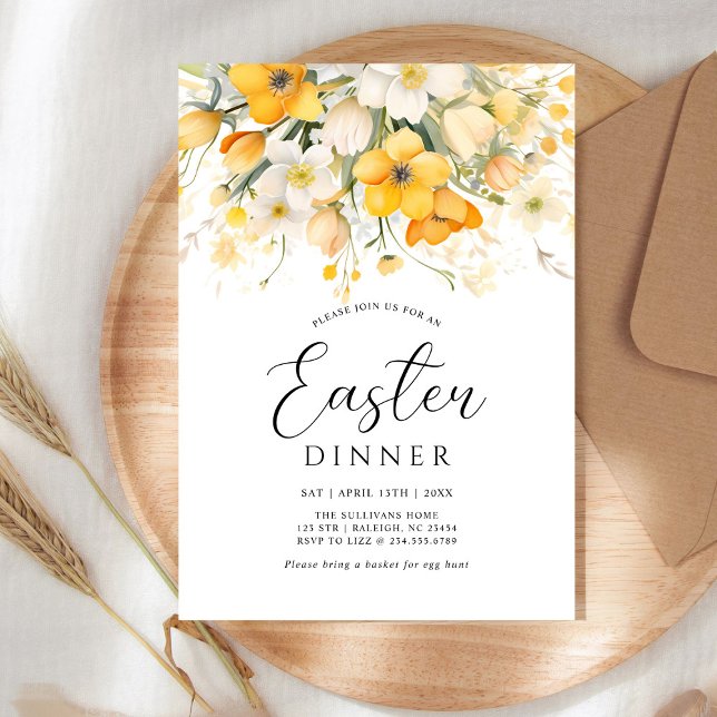 Moderne gelbe Frühlingsblumen-Oster-Dinner Einladung (Von Creator hochgeladen)