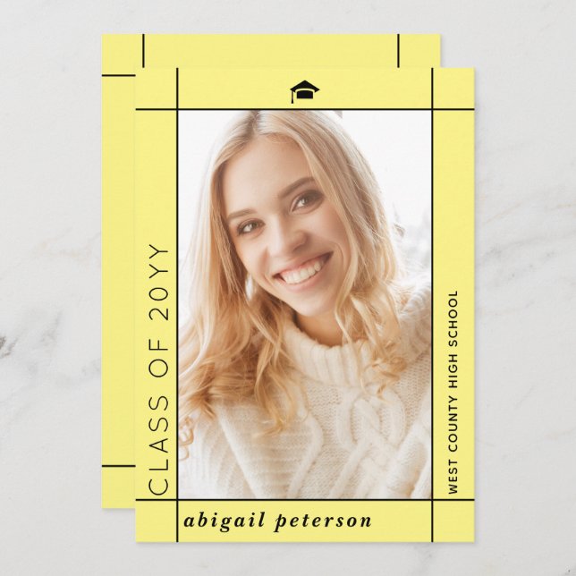 Moderne gelbe Klasse 2025 Abschluss Foto Ankündigung (Vorne/Hinten)