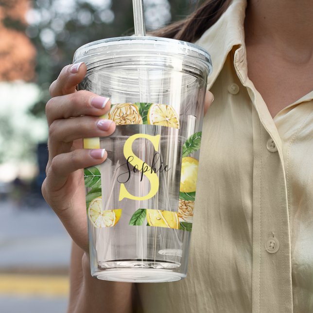 Moderne gelbe Lemonen Rahmen & Blätter mit Namen Acryltrinkbecher (Von Creator hochgeladen)