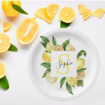 Moderne gelbe Lemonen Rahmen & Blätter mit Namen Pappteller<br><div class="desc">Moderne gelbe Lemonen Rahmen & Blätter mit Namen</div>