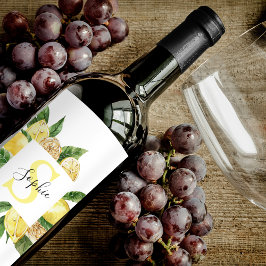 Moderne gelbe Lemonen Rahmen & Blätter mit Namen Weinetikett