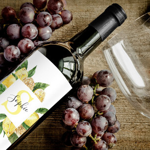 Moderne gelbe Lemonen Rahmen & Blätter mit Namen Weinetikett