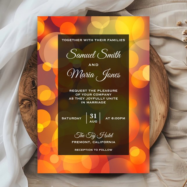 Moderne, gelbe und orangefarbene Bokeh-Hochzeit Ei Einladung (Von Creator hochgeladen)