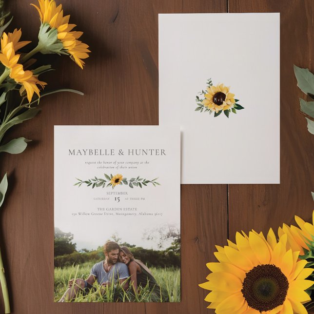 Moderne Gelbe Wasserfarbe Sonnenblumen Foto Hochze Einladung (Modern Yellow Watercolor Sunflowers Photo Wedding Invitation)