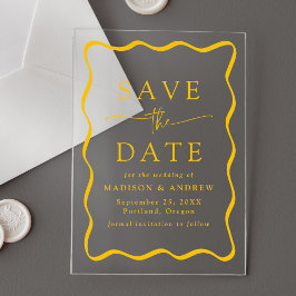 Moderne gelbe Wavy Frame Wedding Save the Date Acryleinladungen