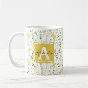 Moderne, gelbe Wildblumen florale Monogramm Kaffeetasse