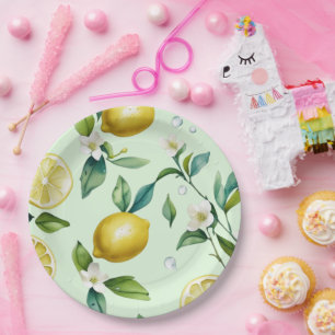 Moderne gelbe Zitronen-Blumenschrift Brautparty Pappteller