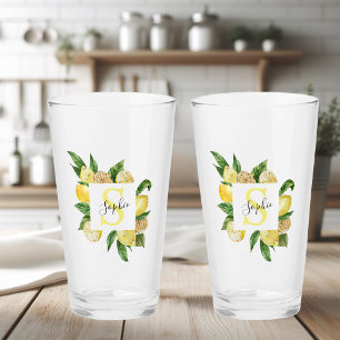 Moderne gelbe Zitronen Rahmen & Blätter mit Namen Glas