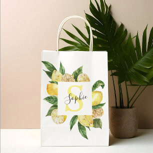 Moderne gelbe Zitronen Rahmen & Blätter mit Namen Große Geschenktüte