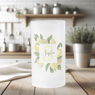 Moderne gelbe Zitronen Rahmen & Blätter mit Namen Mattglas Bierglas