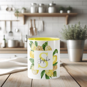 Moderne gelbe Zitronen Rahmen & Blätter mit Namen Zweifarbige Tasse