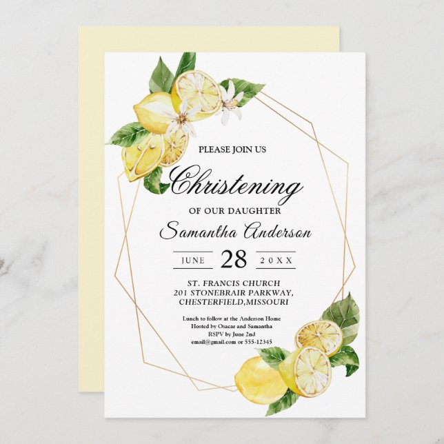 Moderne Gelbe Zitronen und Gold Rahmen Beauty Einladung (Vorne/Hinten)