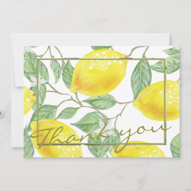 Moderne Gelbe Zitronen und grünes Foto für Hochzei Dankeskarte (Vorderseite)