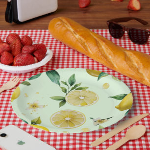 Moderne gelbe zitronenfarbene florale Schrift Brau Pappteller