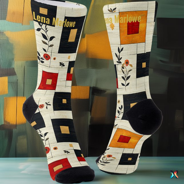 Moderne geometrische Blume - Maßgeschneiderte Beig Socken (Von Creator hochgeladen)
