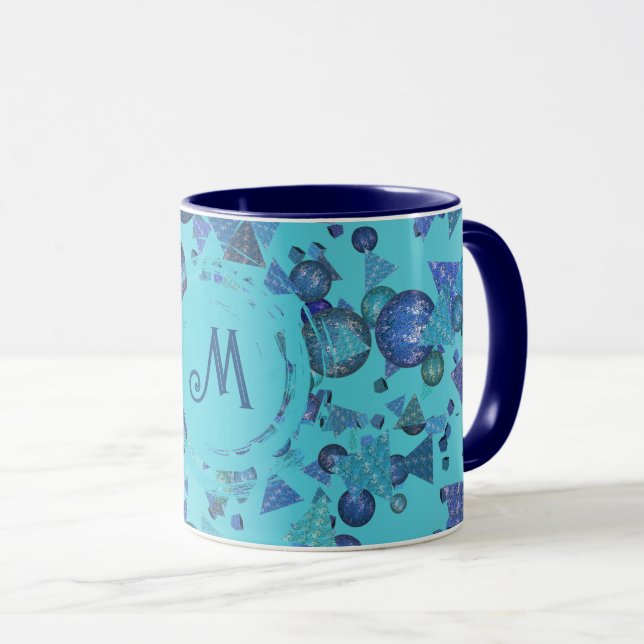 Moderne geometrische Formen mit Monogramm in blau Tasse (VorderseiteRechts)
