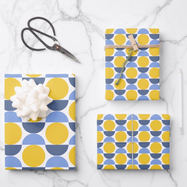 Moderne geometrische Formen von Blau und Gelb Geschenkpapier Set (Vorderseite)
