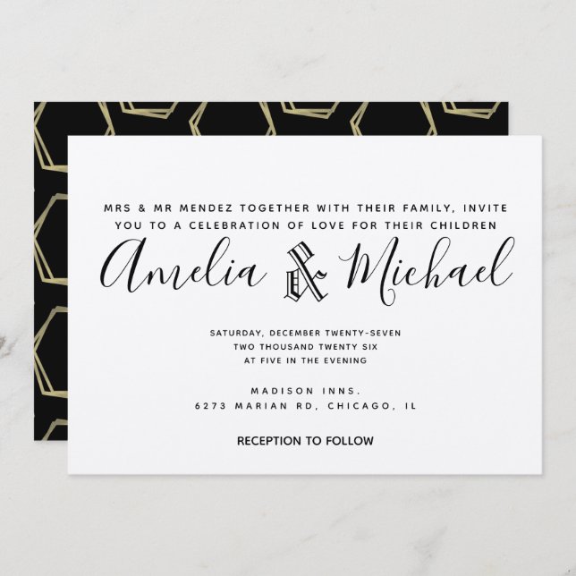 Moderne geometrische Gold- und Black Wedding Kraft Einladung (Vorne/Hinten)