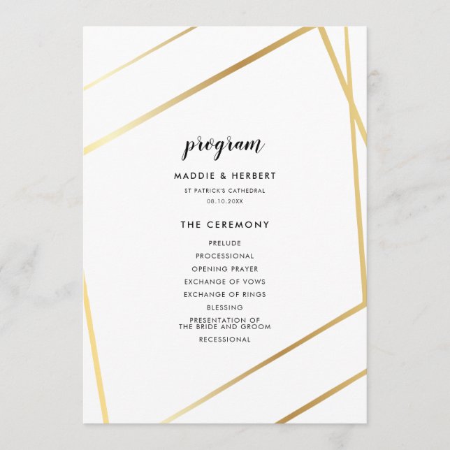 Moderne geometrische Goldrahmen-Hochzeit Programm (Vorderseite)