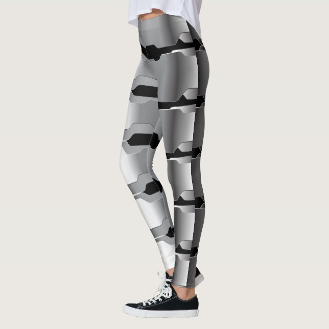 Moderne geometrische Graue und schwarze Metallic T Leggings (Links)